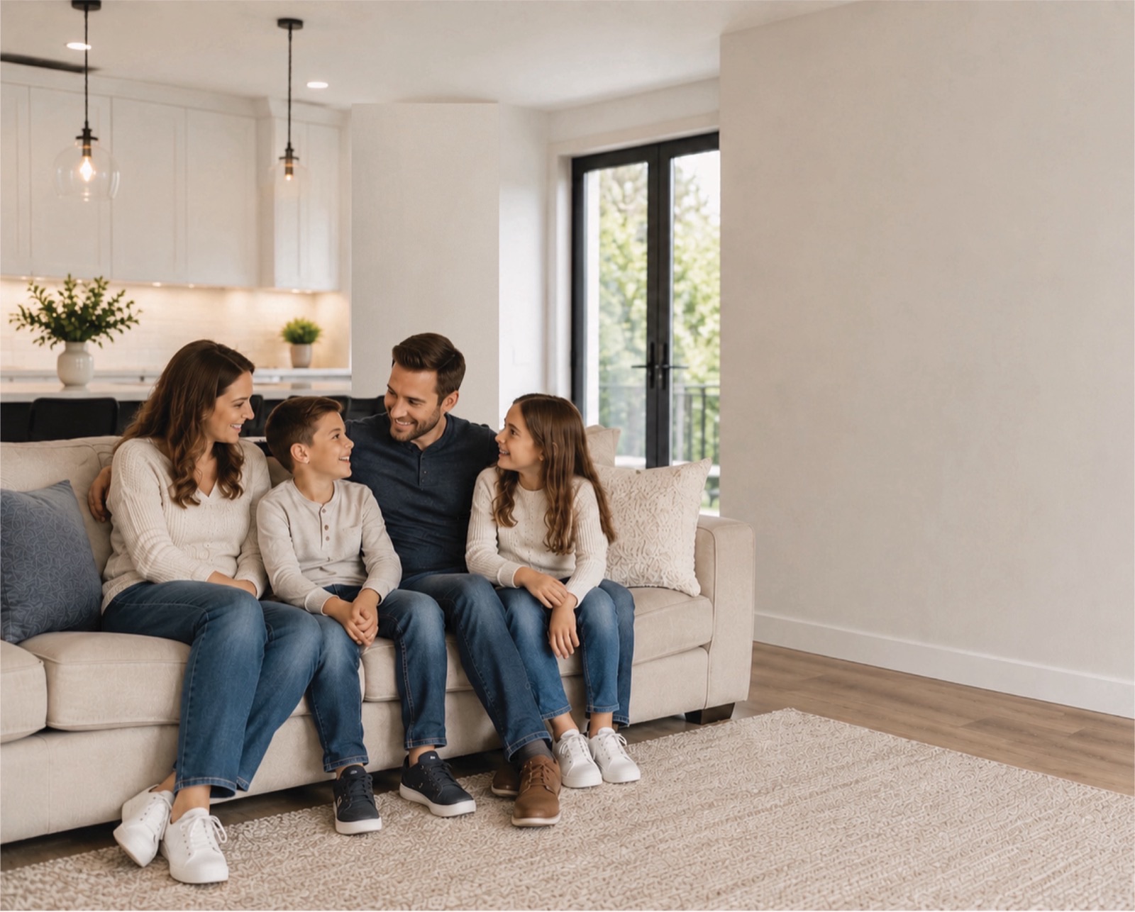 A family together in the living room of a bright, modern home